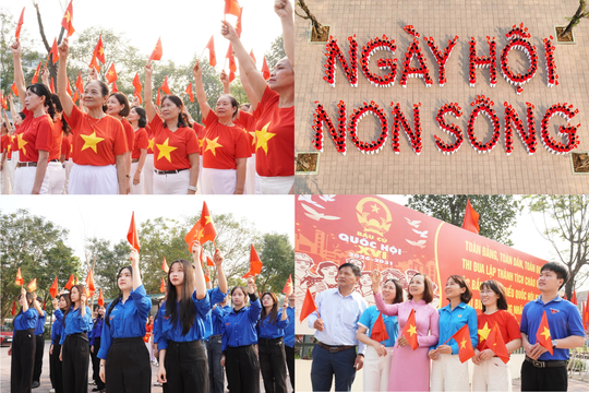 Hơn 300 cán bộ, hội viên, đoàn viên tại phường Dương Nội cùng nhau xếp thành dòng chữ “Ngày hội non sông”