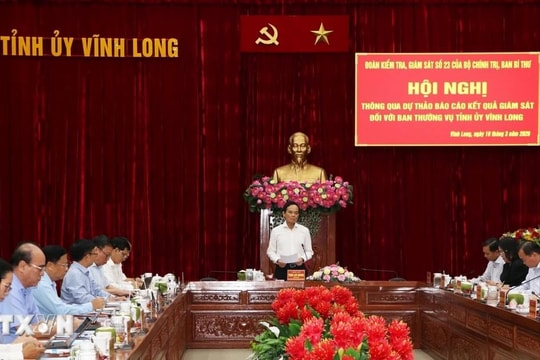 Đoàn kiểm tra, giám sát số 23 của Bộ Chính trị, Ban Bí thư làm việc với Ban Thường vụ Tỉnh ủy Vĩnh Long