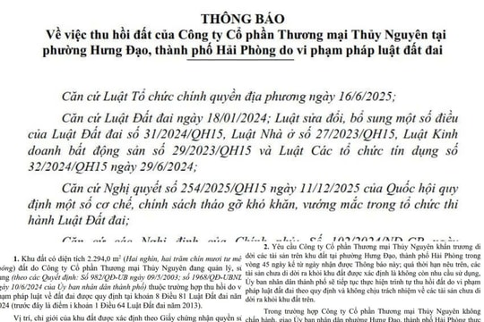 Hải Phòng: Thu hồi hơn 2.200m2 đất của Công ty Cổ phần Thương mại Thủy Nguyên