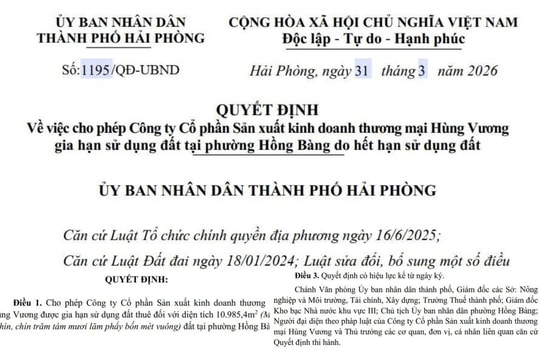 Hải Phòng: Gia hạn sử dụng hơn 10.000m2 đất cho Công ty Cổ phần Sản xuất kinh doanh thương mại Hùng Vương