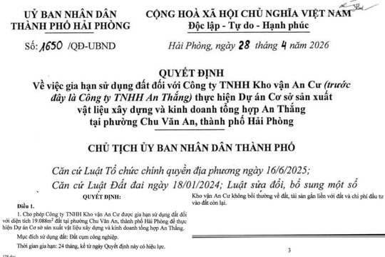 Hải Phòng: Gia hạn sử dụng hơn 19.000m2 đất cho Công ty TNHH Kho vận An Cư
