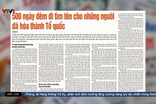 Điểm báo VTV1: 500 ngày đêm đi tìm tên cho những người đã hóa thành Tổ quốc