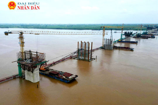 Hà Nội: 9 trụ cầu Hồng Hà dần lộ diện giữa sông Hồng