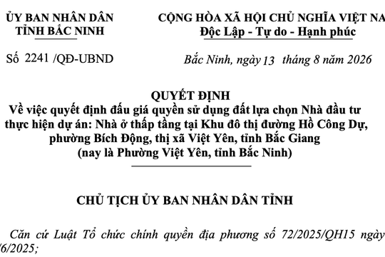 Bắc Ninh đấu giá hơn 6.100m2 đất làm nhà ở thấp tầng tại phường Việt Yên