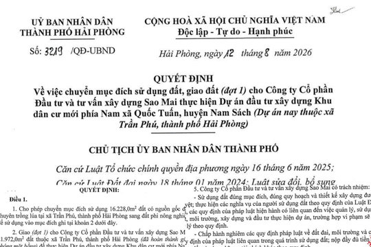 Hải Phòng: Giao gần 20.000m2 đất cho Công ty Sao Mai để thực hiện dự án khu dân cư mới