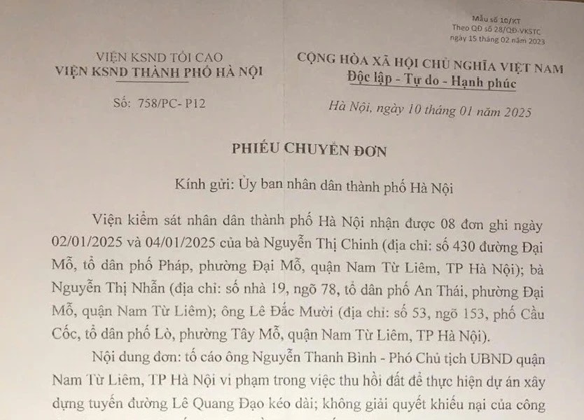 Văn phòng cơ quan CSĐT Bộ Công an, VKSND TP Hà Nội chuyển đơn đề nghị giải quyết theo quy định pháp luật