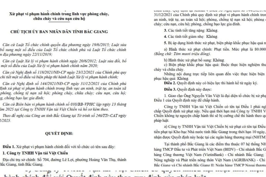 Bắc Giang: Công ty TNHH Vận tải Việt Chiến bị xử phạt 80 triệu đồng vì vi phạm phòng cháy