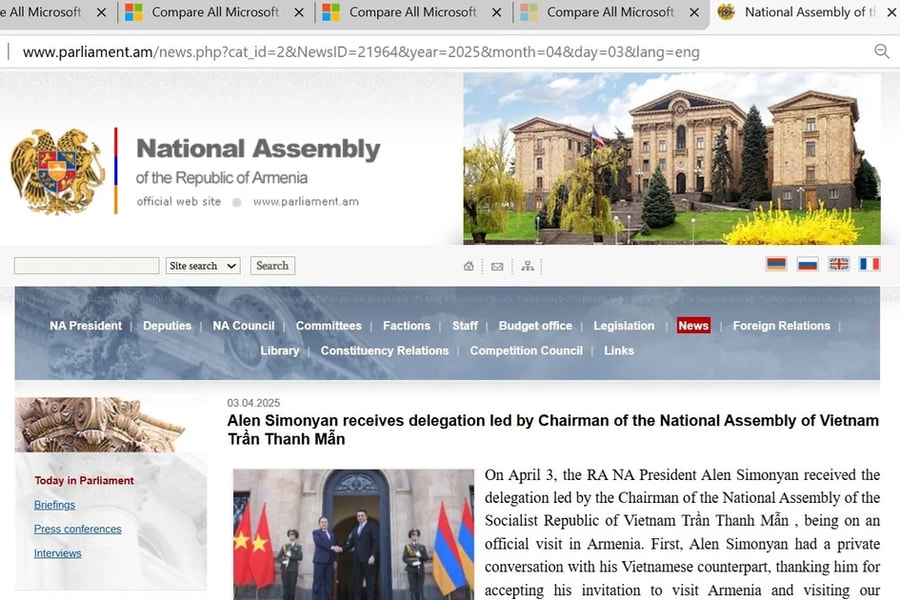 Trang web Quốc hội Armenia đưa tin đậm nét về chuyến thăm của Chủ tịch Quốc hội Việt Nam