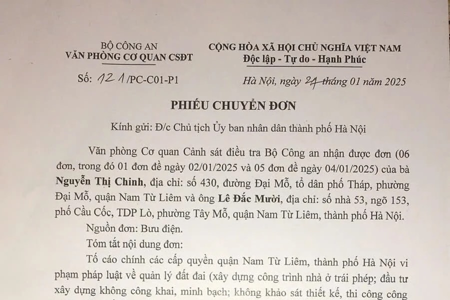 Văn phòng Cơ quan Cảnh sát điều tra Bộ Công an chuyển đơn đề nghị giải quyết theo quy định của pháp luật