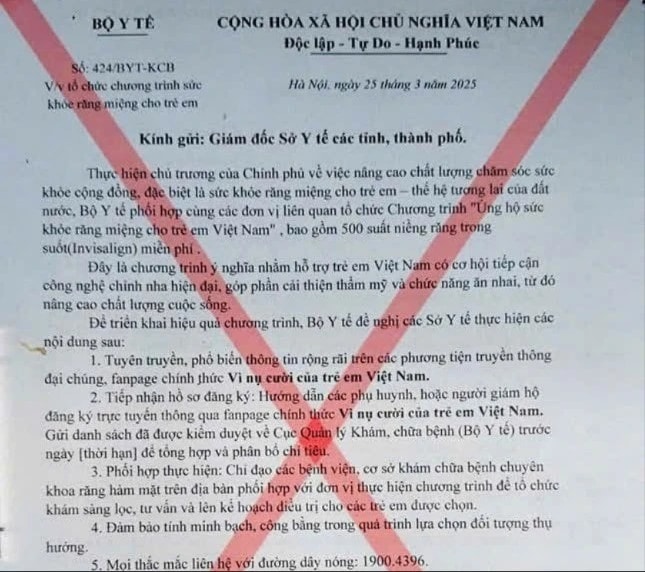 Bộ Y tế cảnh báo công văn giả mạo về chương trình chăm sóc răng miệng trẻ em