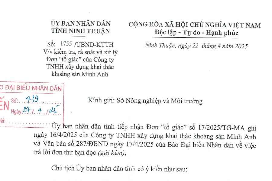 Chủ tịch UBND tỉnh Ninh Thuận chỉ đạo làm rõ đơn thư của doanh nghiệp liên quan đấu giá quyền khai thác khoáng sản