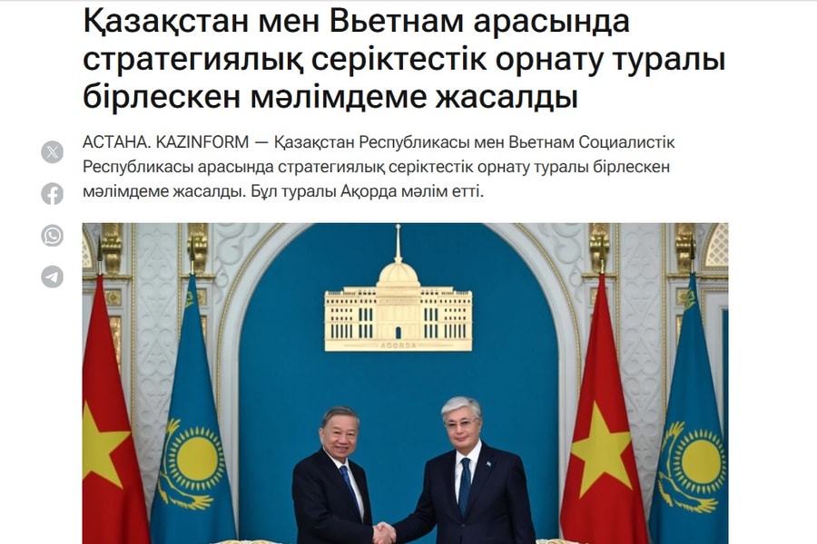 Hãng thông tấn Kazinform: Kazakhstan và Việt Nam trao đổi nhiều văn kiện hợp tác