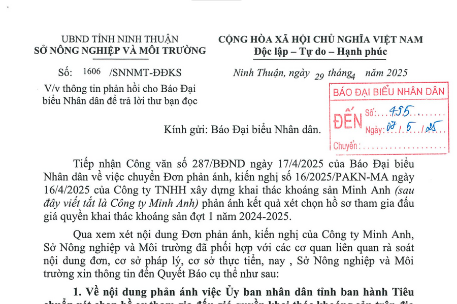 Vụ đấu giá quyền khai thác khoáng sản bị khiếu nại, tố giác tại Ninh Thuận: Sở Nông nghiệp và Môi trường nói làm đúng, doanh nghiệp phản bác ra sao?