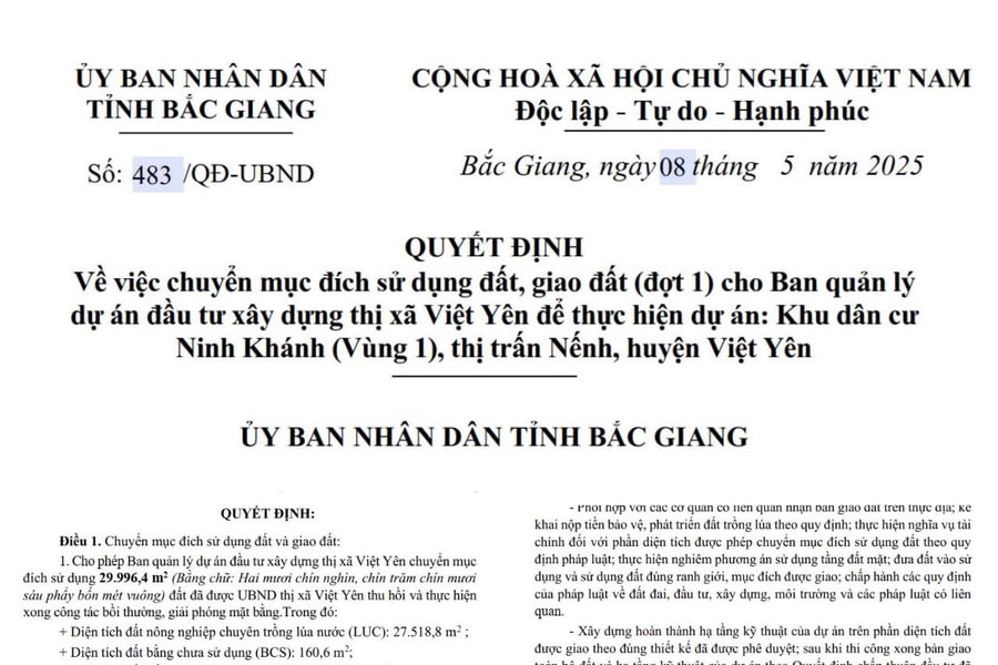 Bắc Giang: Giao gần 30.000m2 đất để thực hiện dự án Khu dân cư Ninh Khánh