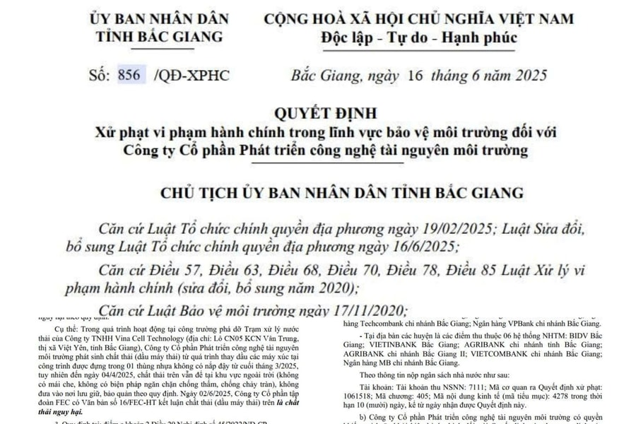Bắc Giang: Công ty Cổ phần phát triển công nghệ tài nguyên môi trường bị xử phạt 30 triệu đồng liên quan chất thải nguy hại