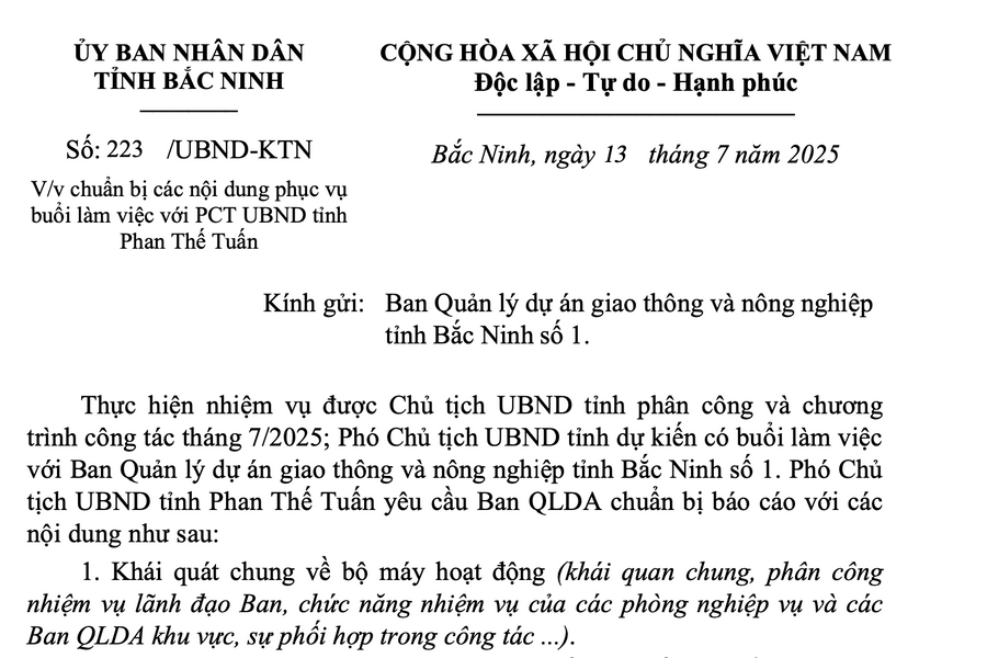 Yêu cầu Ban Quản lý dự án giao thông và nông nghiệp tỉnh Bắc Ninh số 1 chuẩn bị nhiều nội dung phục vụ buổi làm việc với lãnh đạo tỉnh