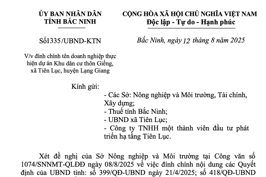 Đính chính tên doanh nghiệp thực hiện dự án Khu dân cư thôn Giếng, xã Tiên Lục, huyện Lạng Giang