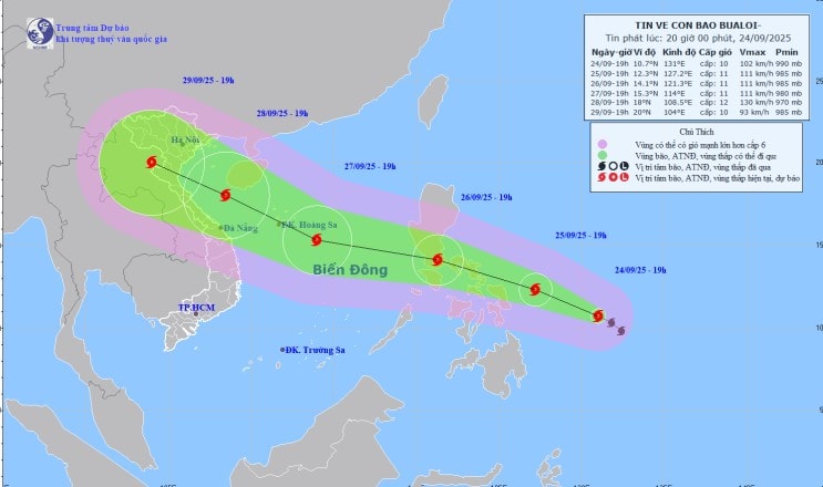 Cập nhật: Bão số 10 BUALOI cường độ mạnh, giật cấp 14 khi vào Biển Đông trong đêm 26/9