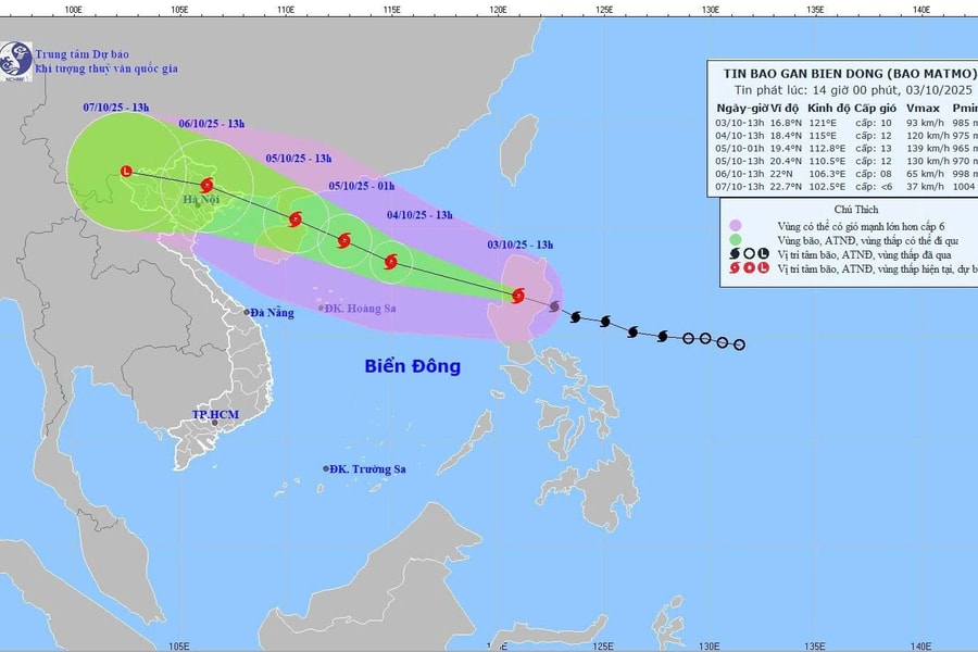 Bão số 11 MATMO giật cấp 13, khu vực Bắc Bộ có mưa từ ngày 5/10