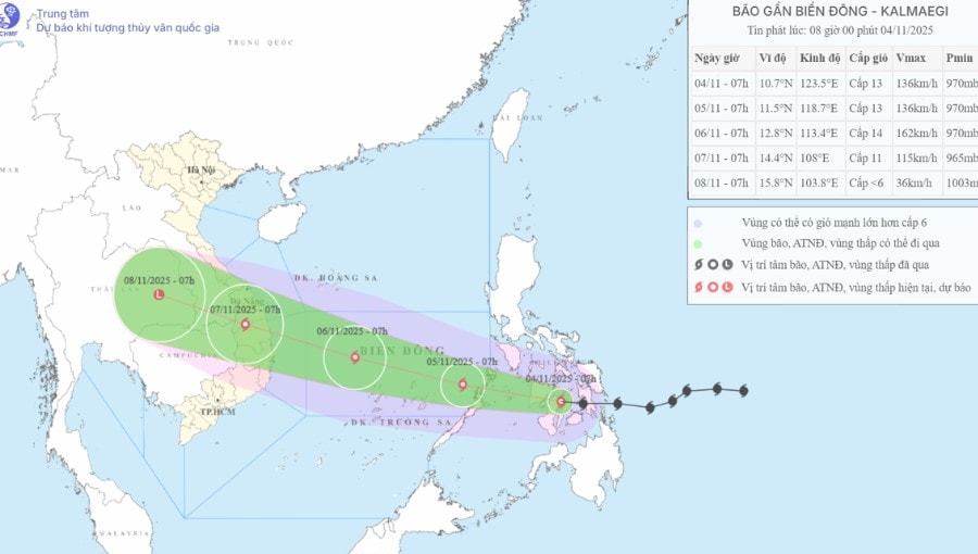 Bão KALMAEGI di chuyển nhanh, cường độ mạnh trên vùng Biển Đông từ chiều nay 4/11