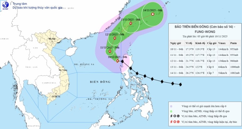 Bão FUNG-WONG giật cấp 16, di chuyển trên khu vực Biển Đông, trở thành cơn bão số 14