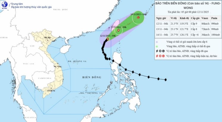 Bão số 14 Fung-Wong giảm cấp, sẽ suy yếu thành vùng áp thấp nhiệt đới