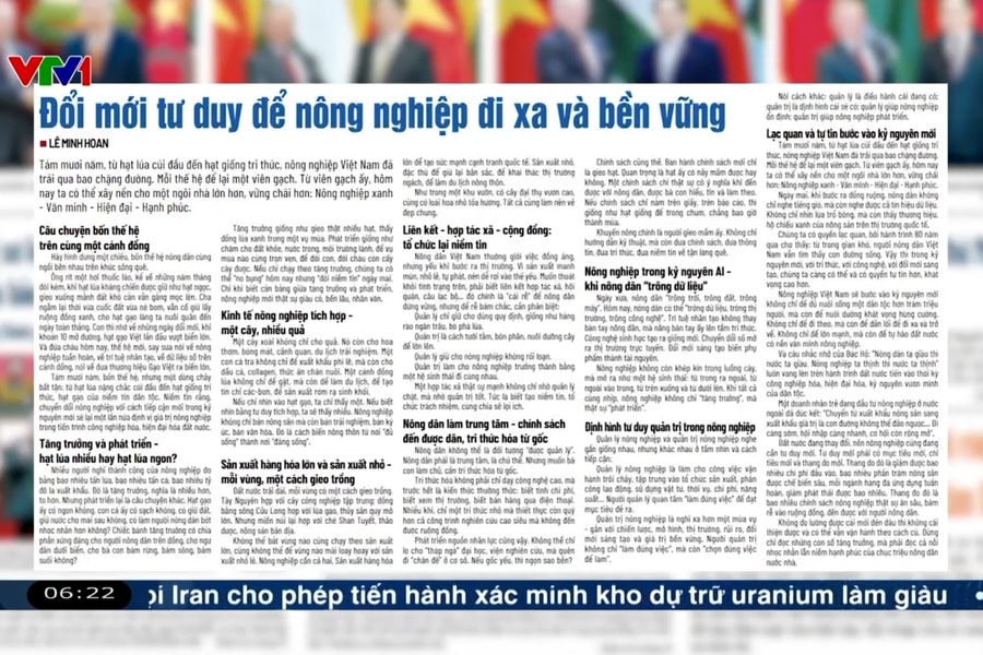 Điểm báo VTV1: Đổi mới tư duy để nông nghiệp đi xa và bền vững