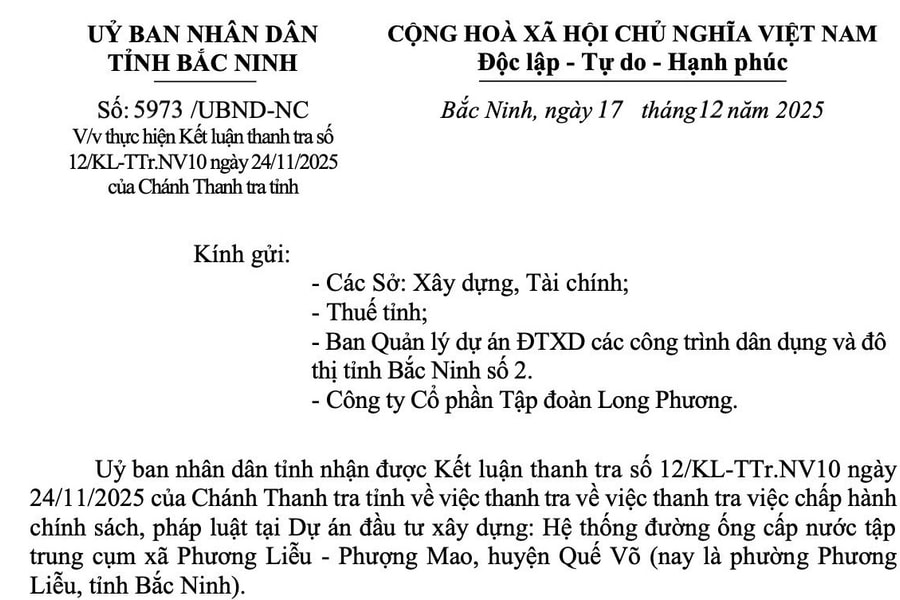 Bắc Ninh: Xem xét kiểm điểm trách nhiệm tập thể, cá nhân liên quan đến dự án hệ thống đường ống cấp nước Phương Liễu – Phượng Mao