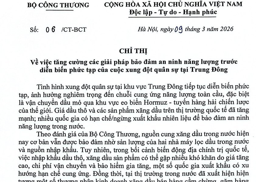 Bộ Công Thương ban hành Chỉ thị tăng cường bảo đảm an ninh năng lượng trước diễn biến phức tạp tại Trung Đông