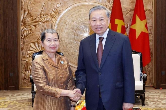 Tổng Bí thư Tô Lâm tiếp Đoàn đại biểu Hội đồng Quốc gia Mặt trận Đoàn kết Phát triển Tổ quốc Campuchia