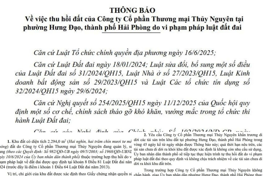 Hải Phòng: Thu hồi hơn 2.200m2 đất của Công ty Cổ phần Thương mại Thủy Nguyên