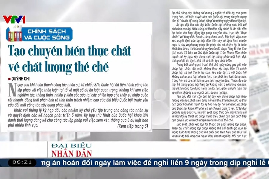 Điểm báo VTV1: Tạo chuyển biến thực chất về chất lượng thể chế
