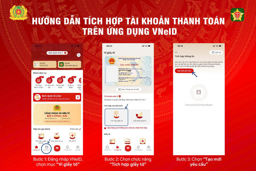 Bộ Công an hướng dẫn tích hợp tài khoản thanh toán trên ứng dụng VNeID
