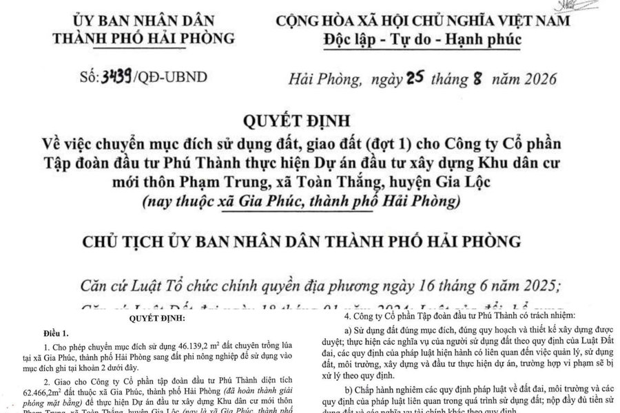 Hải Phòng: Giao hơn 62.000m2 đất cho Công ty Cổ phần tập đoàn đầu tư Phú Thành để thực hiện dự án