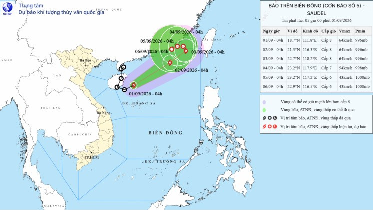 Dự báo thời tiết ngày 1/9: Áp thấp nhiệt đới đã chính thức mạnh lên thành bão số 5 Saudel