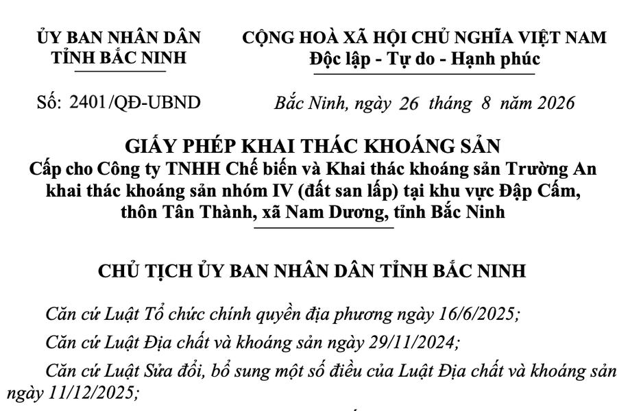 Bắc Ninh cấp phép khai thác hơn 1,63 triệu m3 đất san lấp tại khu vực Đập Cấm