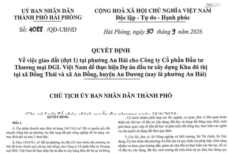 Hải Phòng: Giao gần 160.000m2 đất cho Công ty Cổ phần Đầu tư Thương mại DGL Việt Nam để thực hiện dự án