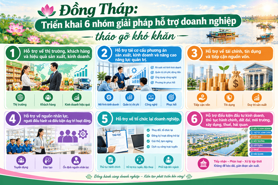 Đồng Tháp: Triển khai 6 nhóm giải pháp hỗ trợ doanh nghiệp tháo gỡ khó khăn
